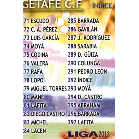 Índice Getafe 292 Las Fichas de la Liga 2013 Official Quiz Game Collection