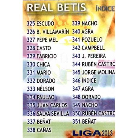 Índice Betis 346 Las Fichas de la Liga 2013 Official Quiz Game Collection