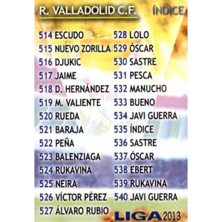 Índice Valladolid 535 Las Fichas de la Liga 2013 Official Quiz Game Collection